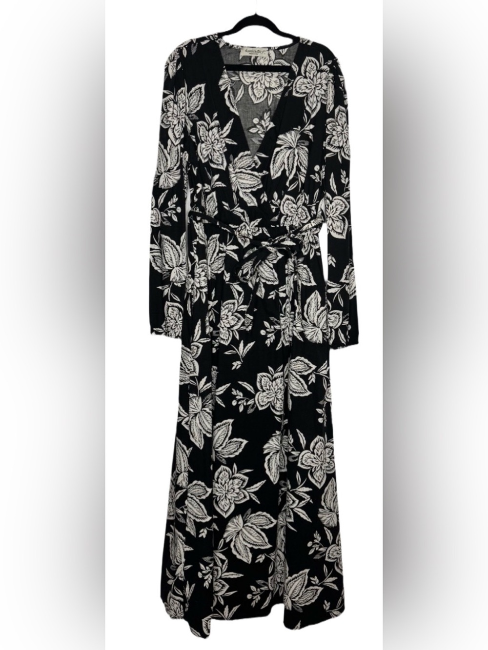 La Piccola Creativa Black White Floral Wrap Maxi Dress size L large cotton